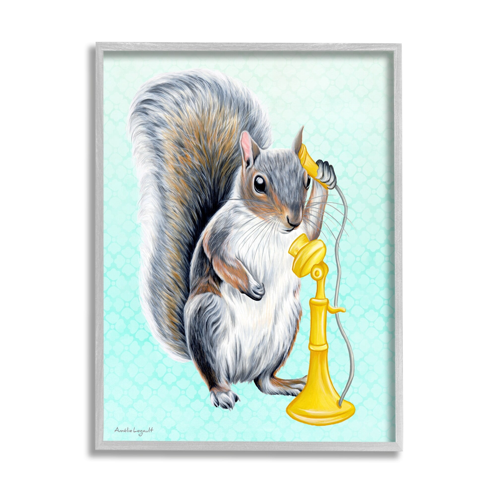 Stupell Industries Squirrel Talking Yellow Candlestick Telephone Patterned Shapes Graphic Art Gray Framed Art Print Wall Art, Design by Amelie Legault