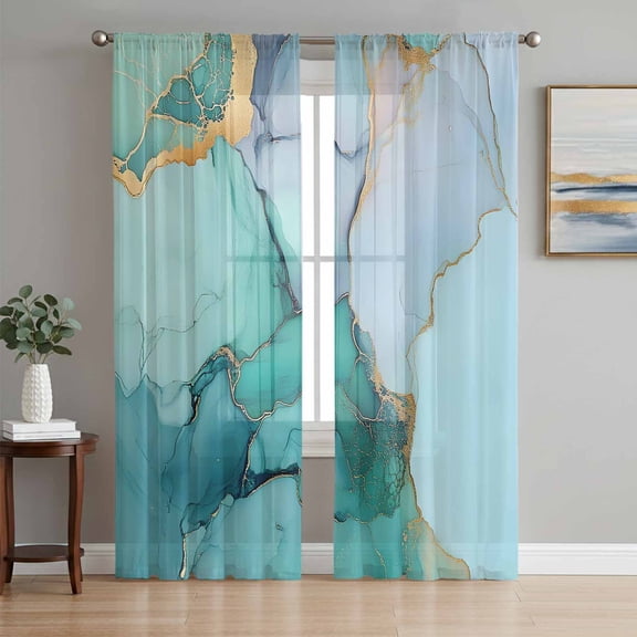 Teal Marble Sheer Curtains 96 Inch Length 2 Panels Set, Abstract Luxury Ink Painting Modern Voile Window Treatment Semi Sheer Long Curtains Drapes for Bedroom/Living Room/Kitchen 52"x96"x2
