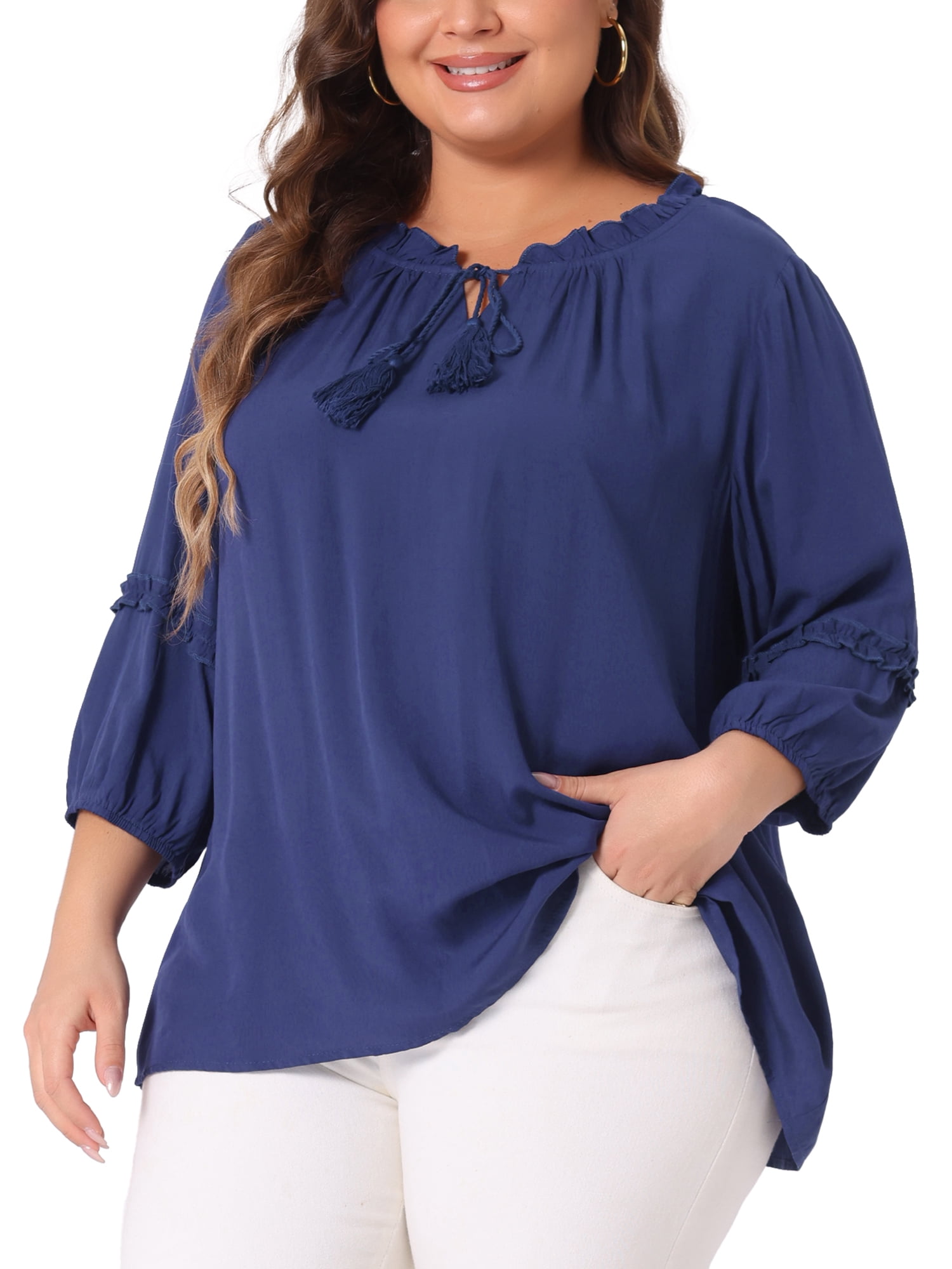 Women's Plus Tops Tie Neck Tassel Self Flutter 3/4 Sleeve Blouses Tops 4X Navy Blue
