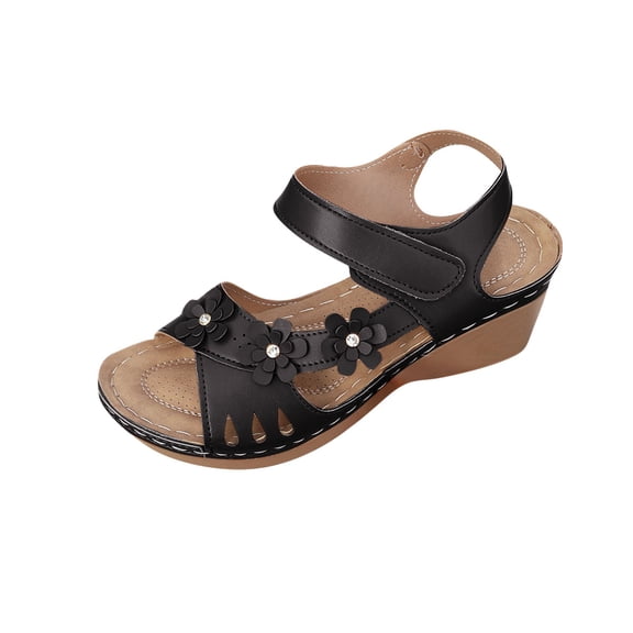 Xfvqtps Wedge Sandals for Women Hook and Loop Sandals Hollow out Flower Decor Open Toe Soft Sole Non Slip Flatform Sandals Black