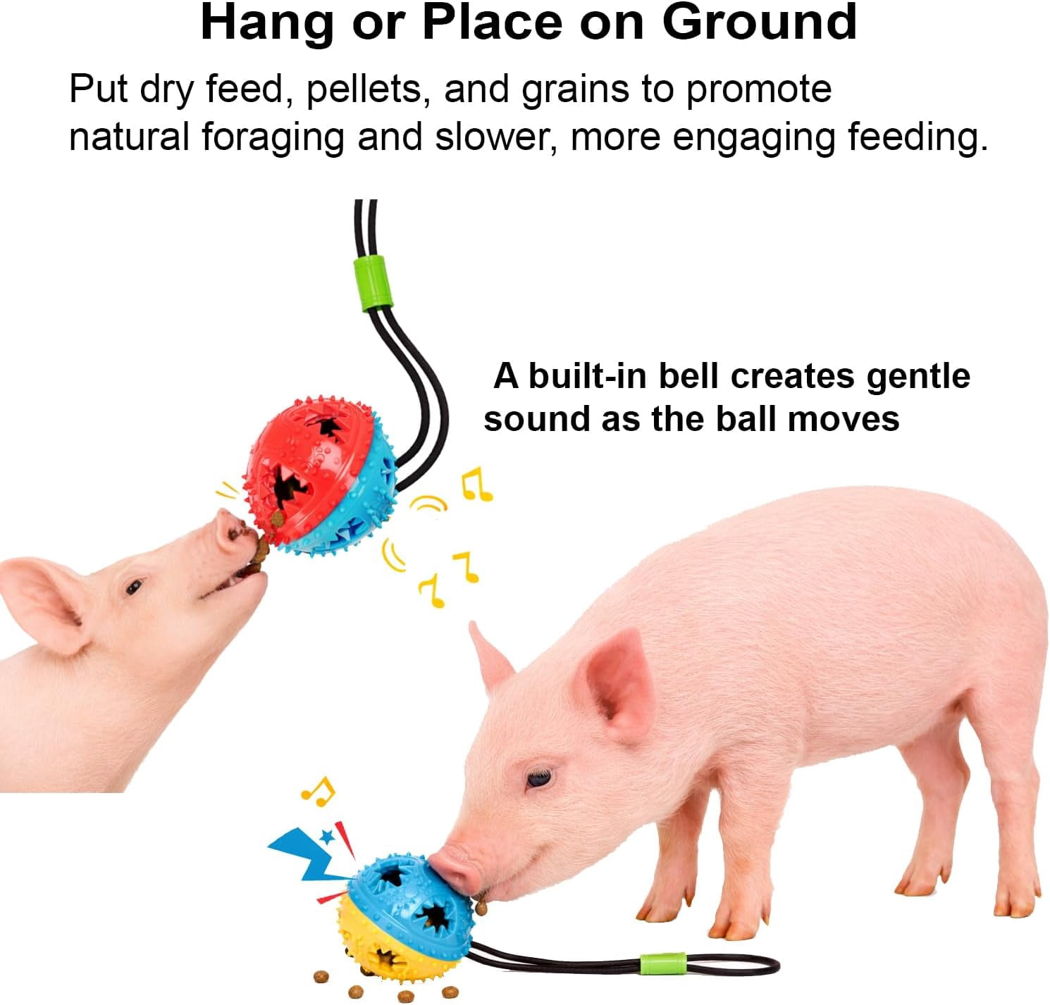 2Pcs Pig Enrichment Toys – Hanging Treat Ball for Pellets & Grains, Chew & Slow Feeder Toy with Rope for Mini Pigs