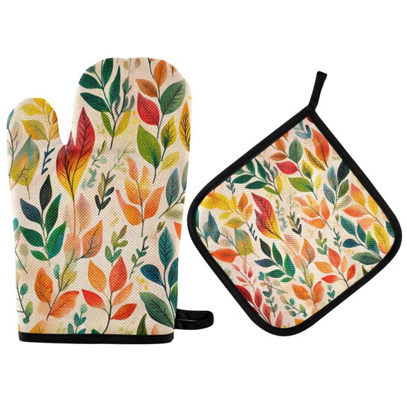 Yayeee Oven Mitts and Pot Holder Set of 2 Heat Resistant Kitchen Gloves Baking Hot Pad, Orange Leaves
