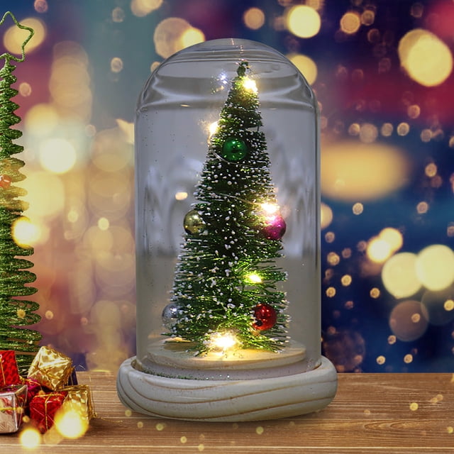 Agiferg Christmas Gift Wooden Glass Cover Luminous Mini Christmas Tree Ornament