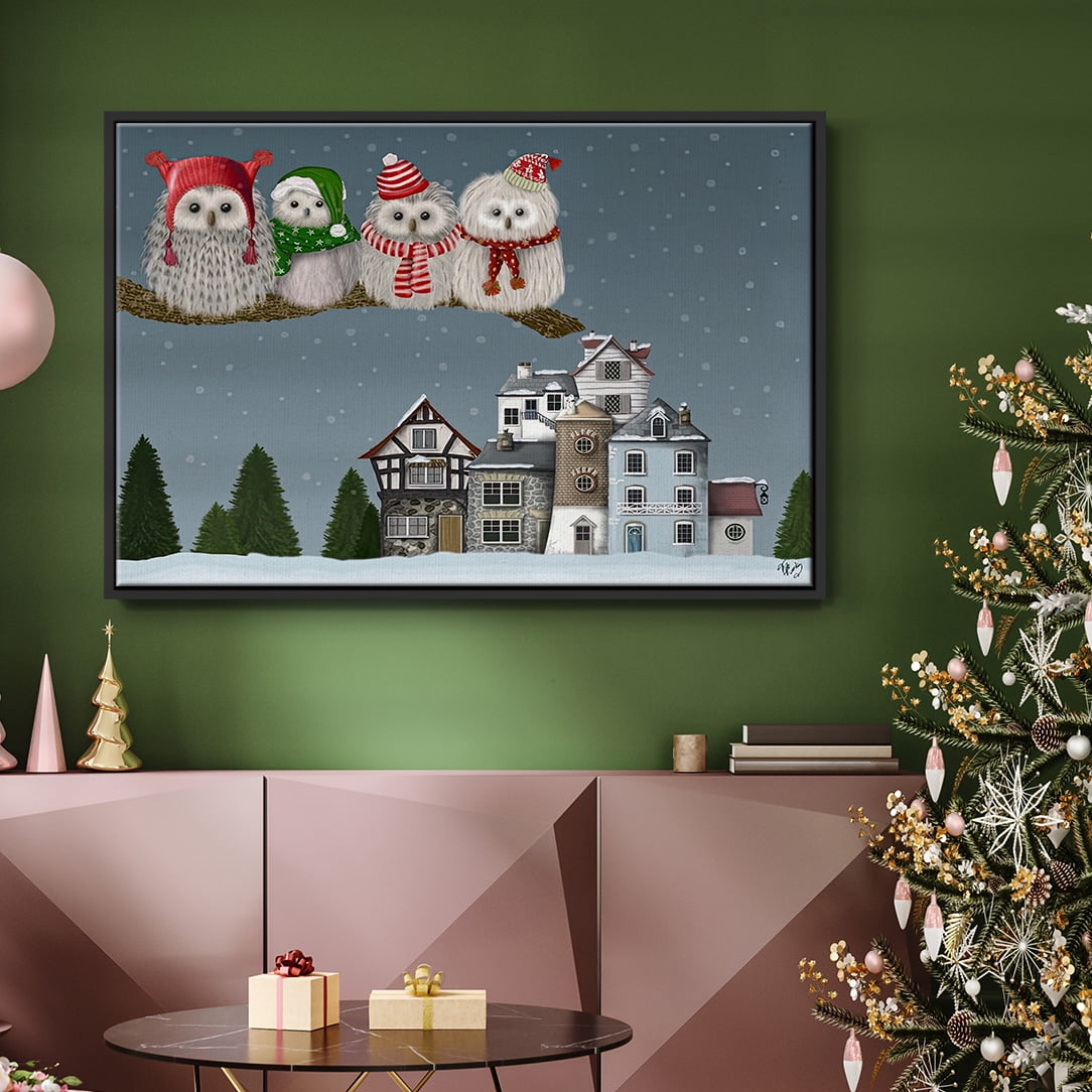 Christmas Christmas Owl Village - Framed Gallery Wrapped Holiday Canvas - 27 x 41 - Black Frame