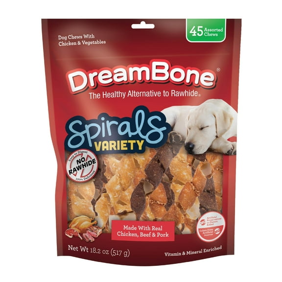 DreamBone Spirals Variety Pack Rawhide-Free Chews for Dogs, Chicken, Beef or Pork, 45 Count