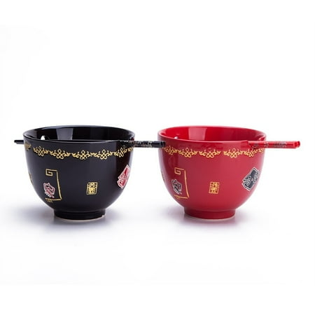 Belleek China Bowls - 2 Rice / Soup / Noodle Bowls & 2 Paris Of Chopsticks Dinnerware Set Red & Black, Chinese Calligraphy
