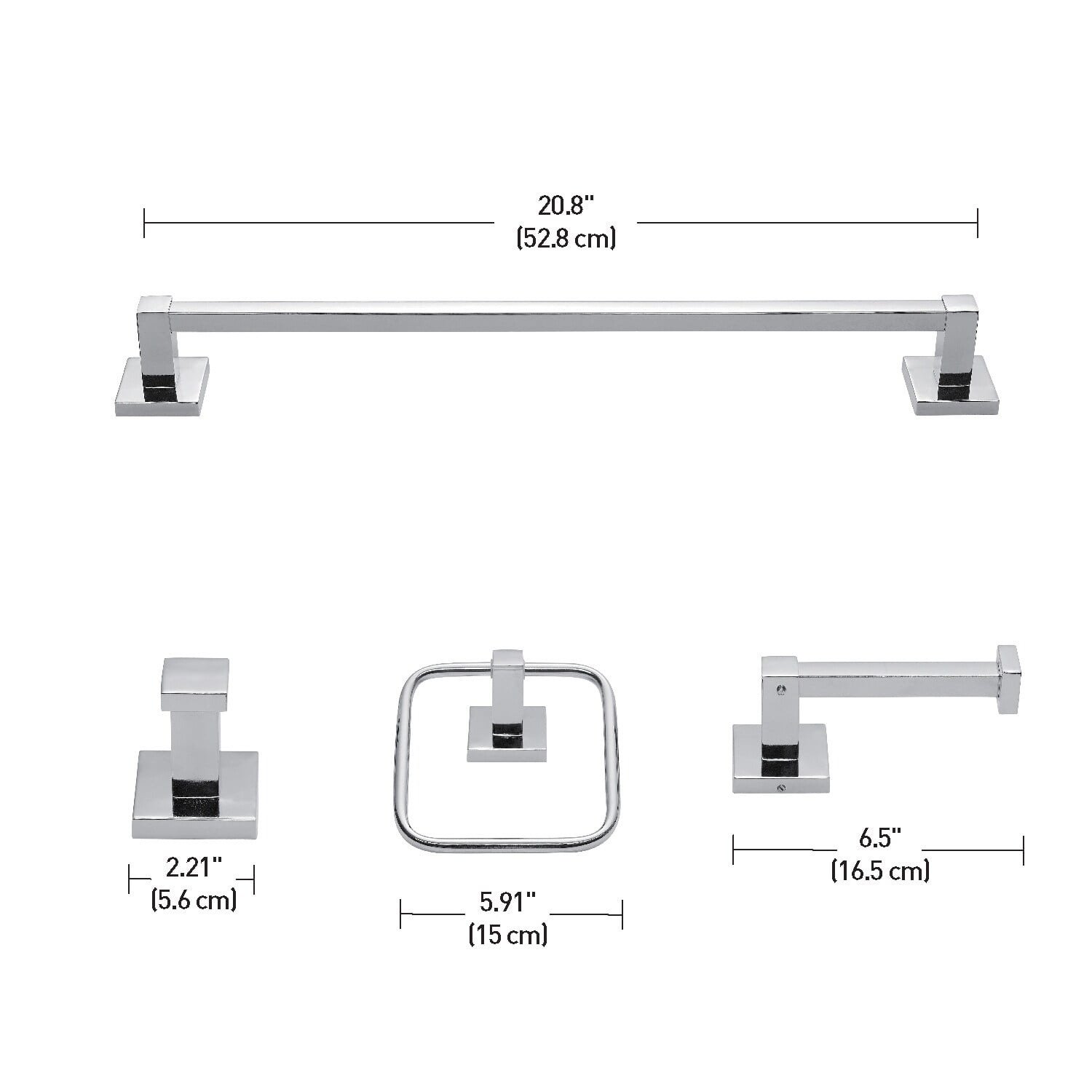 Globe Electric Finn 4-Piece Polished Chrome Bathroom Hardware Kit with Wall-Mount Towel Bar, Towel Ring, Robe Hook, and Toilet Paper Holder