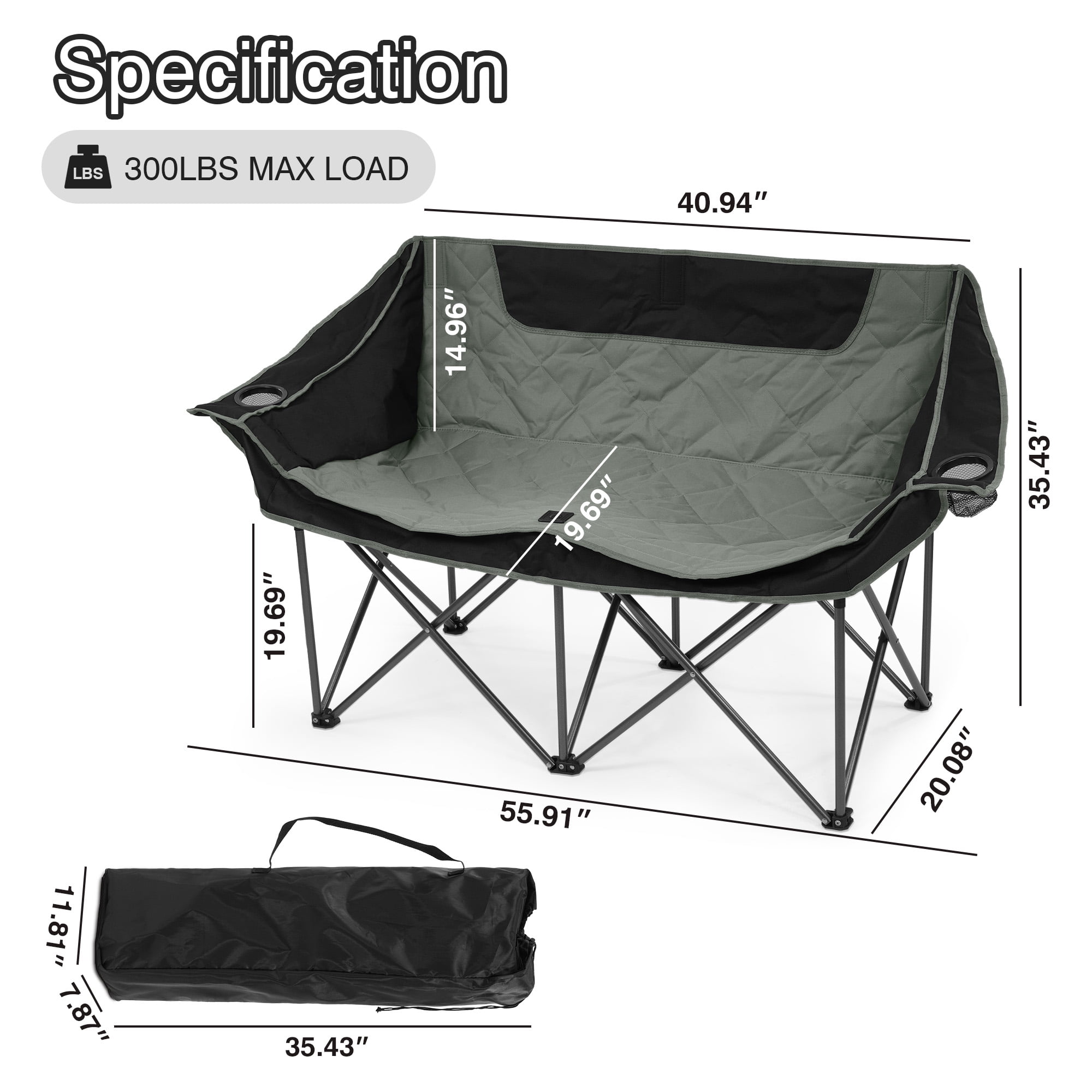 FlexWave Oversized Double Camping Chair，2-Person Heavy-Duty Folding Loveseat，Portable Outdoor Chair，with Armrests, Cup Holders & Carry Bag, for Camping, Picnic, Backyard