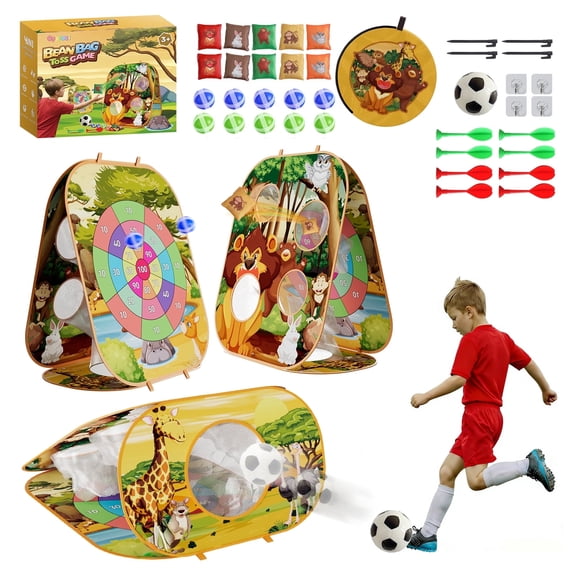 KNMDU 4-in-1 Cornhole Board Set with Bean Bag Toss, Soccer Goal, Safe Darts and Throwing Ball for Kids Ages 3-8