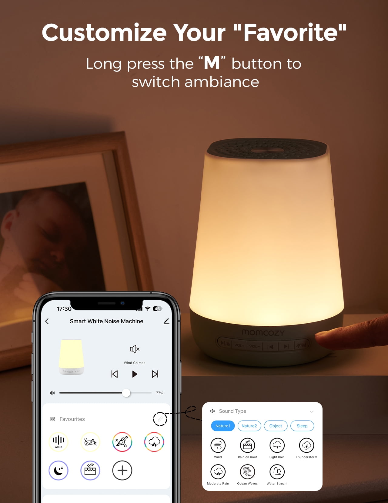 Momcozy White Noise Machine for Baby Sleeping with Night Light, Toddler Sleep Trainer with 34 Soothing Sounds, Timer, App Remote Control(Green)