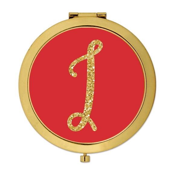 Koyal Wholesale Gold Compact Mirror Bridesmaid's Wedding Gift, Red with Faux Gold Glitter, Monogram Letter I, 1-Pack
