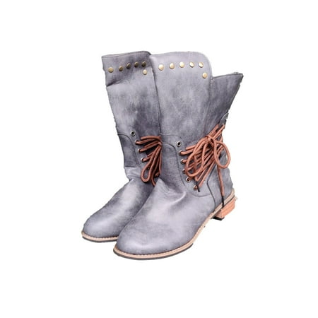

FITORON Womens Mid Calf Boots- Shoes Laceing Low Heel Rivets Zipper Fashion Shoes Mid Leather Boots Gray 35