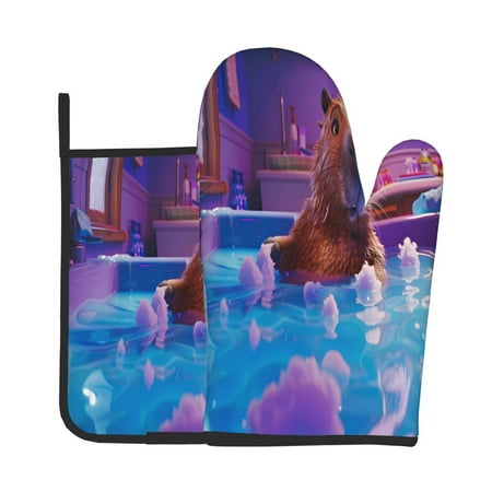 

Jgfou Capybara Bathtub Fun Pattern Oven Mitts and Pot Holders Sets Heat Resistant Oven Mittens Soft Lining Extra Thicken Long Kitchen Cotton Oven Glove for Cooking