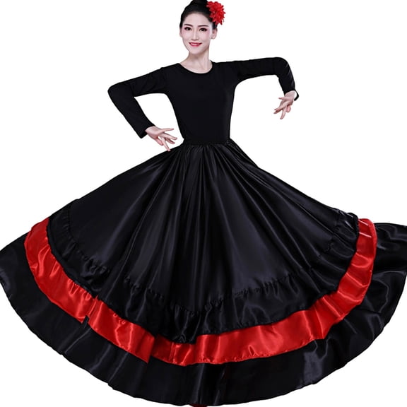 Wxolcjlv Women's Color Block Dance Maxi Skirt Elastic Waist Full Swing Performance Long Skirts