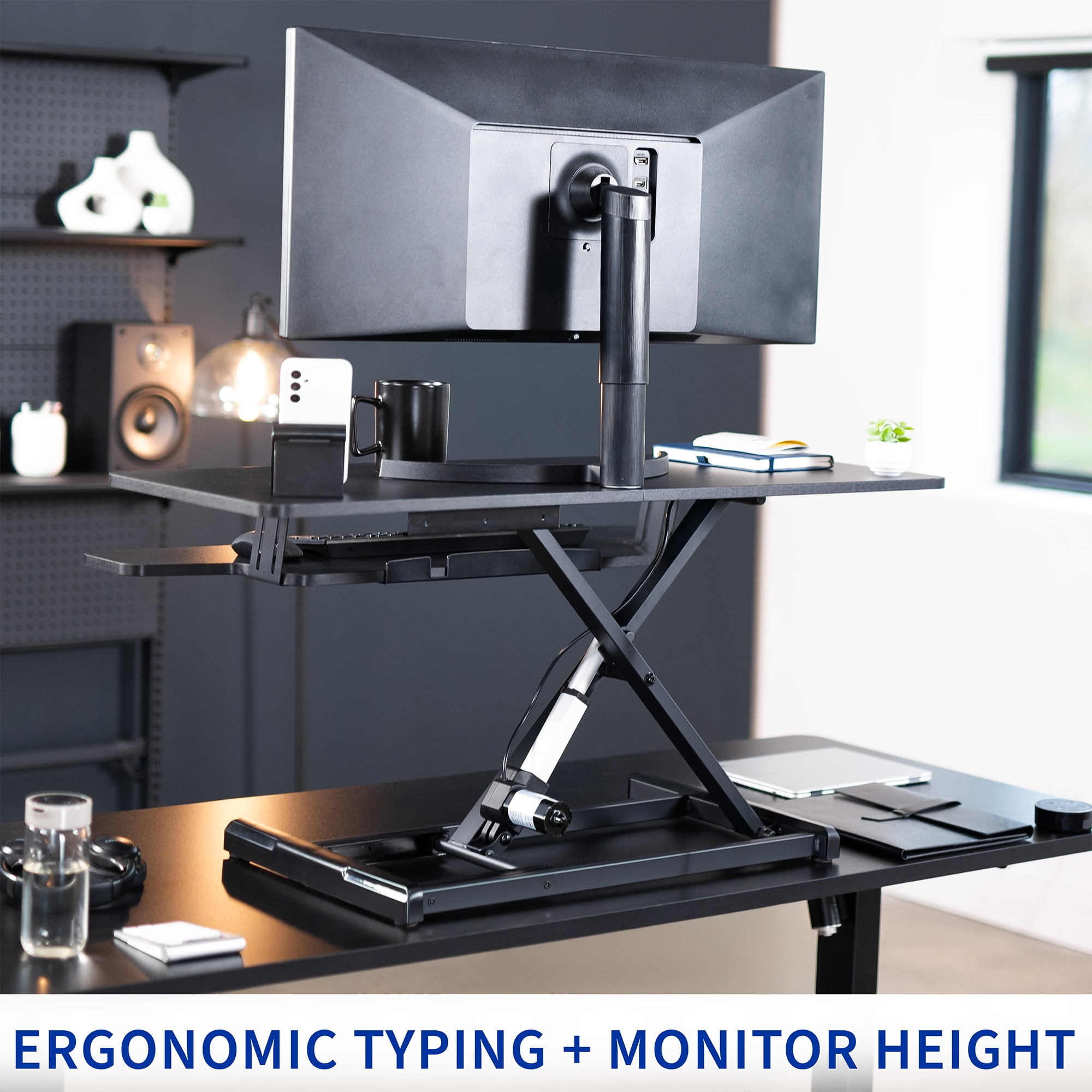 VIVO Black Electric 42" Standing Desk Monitor Riser, Dual Arm Sit Stand Tabletop