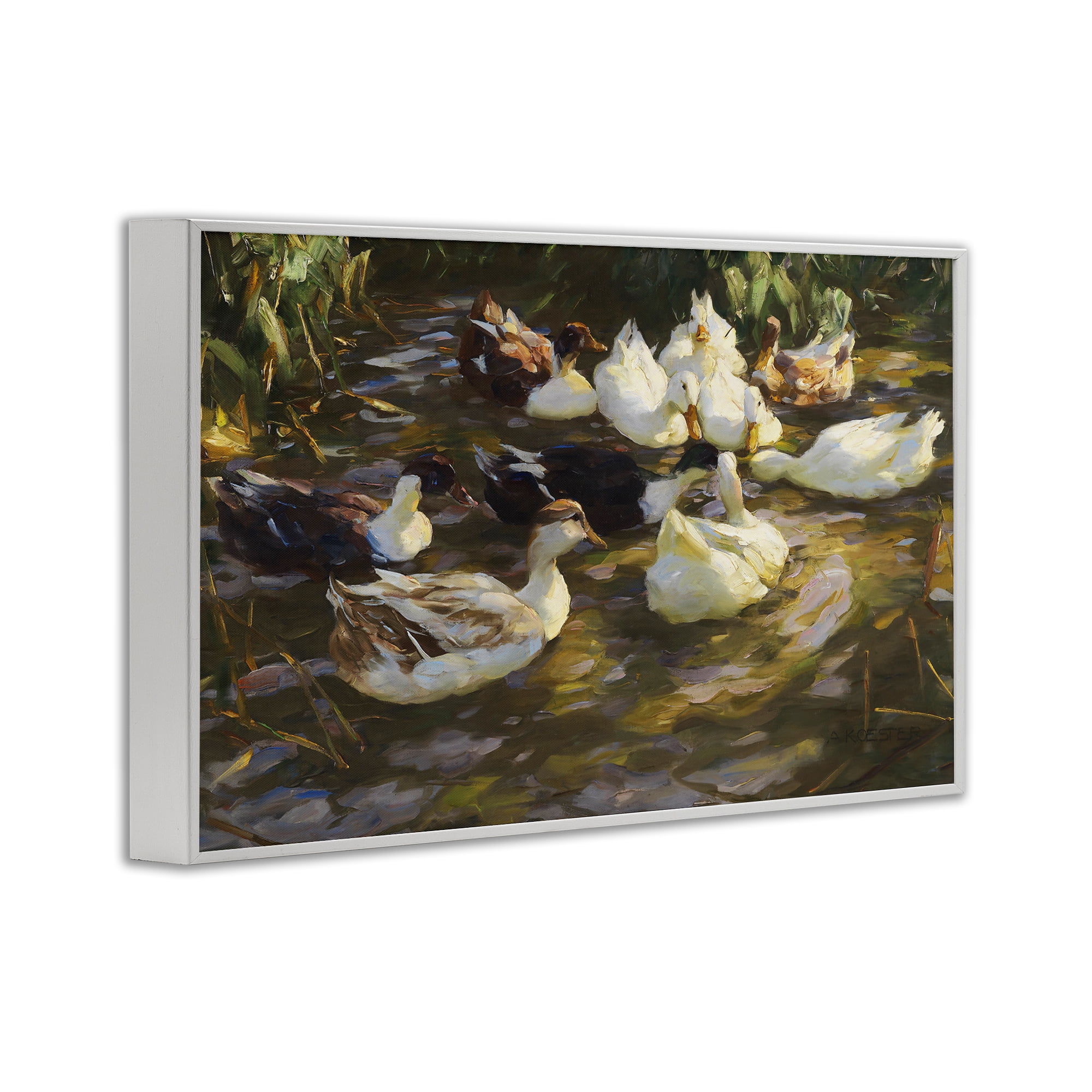 Stupell Industries Ducks in Flowing River Landscape Painting White Framed Art Print Wall Art, 24 x 16