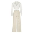 thumbnail image 6 of Dazajoo 2 Piece Cotton Linen Sets for Women Summer Long Sleeve Deep V Neck Tops and Button Down Long Pants Outfits 2024 Womens Fashion Solid Color Lounge Suits,White,XL, 6 of 7