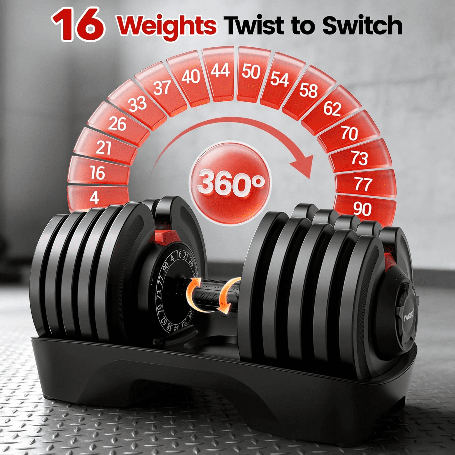 YAGUD 16-in-1 Adjustable Dumbbell Set, 4-90 LBS Quick-Adjust Dumbbells with Auto Safety Lock, Space-Saving Home Gym Weights