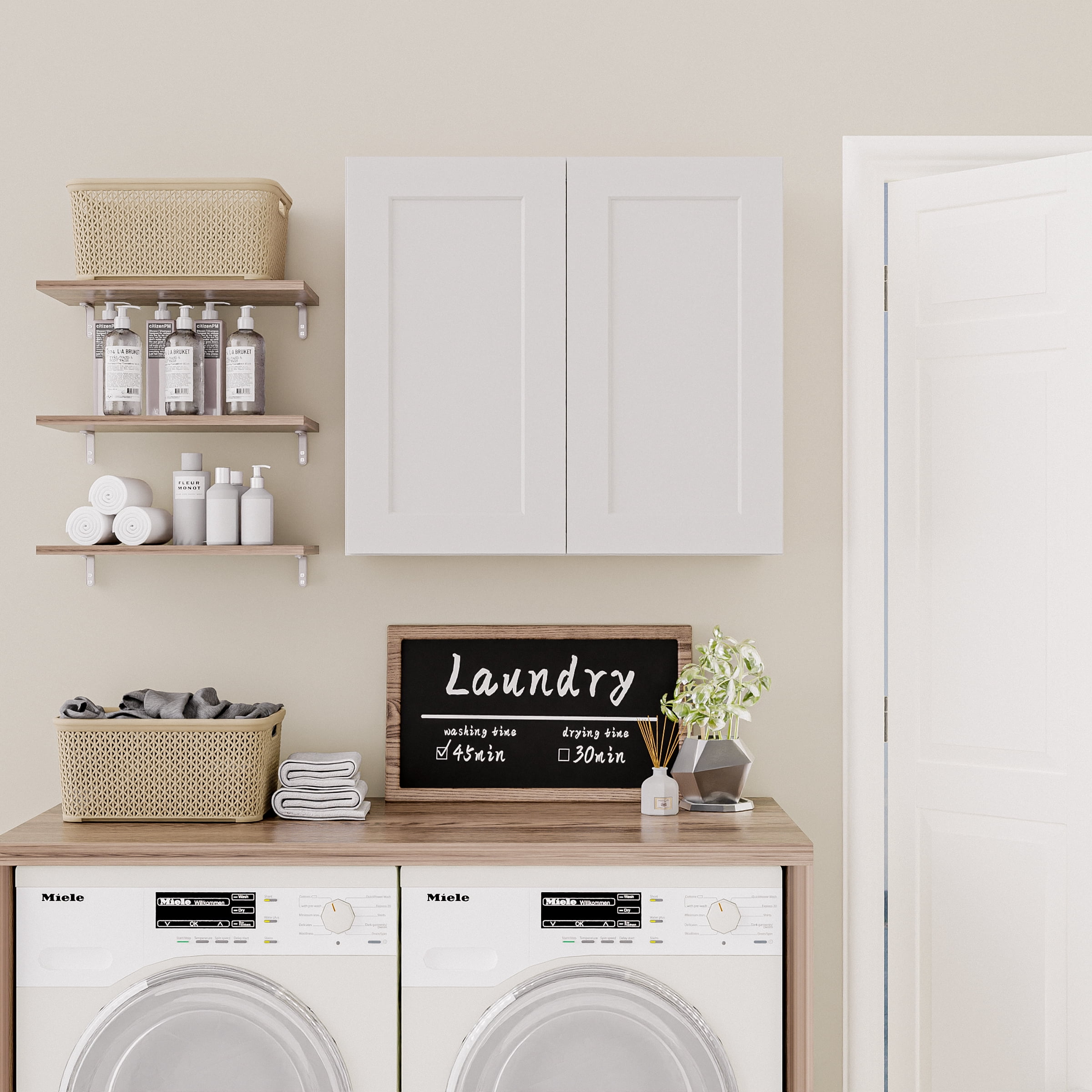 White shaker Solid Wood Double Doors Wall Cabinet 2 Doors and 2 Shelves for Kitchen Storage, Bathroom Storage, Laundry,Adjustable Shelves Ready to Assemble(30"W×12"D×30"H)