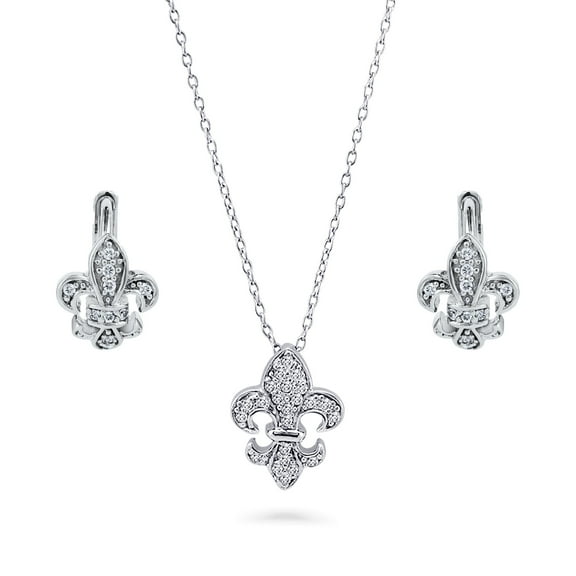 BERRICLE Sterling Silver Fleur De Lis Cubic Zirconia CZ Fashion Necklace and Huggie Earrings Set for Women, Rhodium Plated