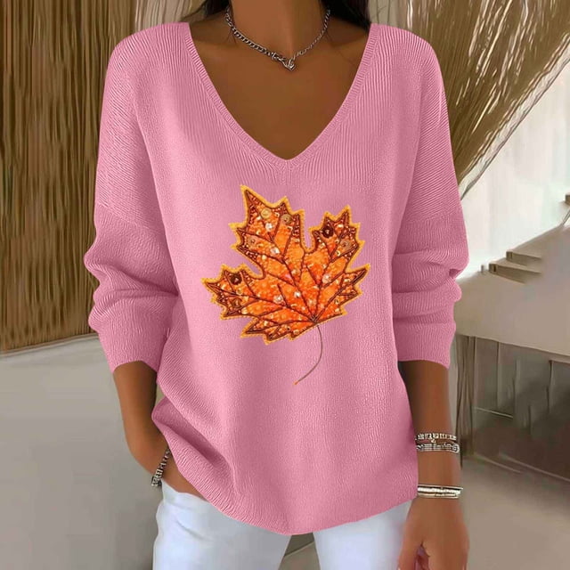 HongQid Chandails d'Automne pour Femmes Hauts : Chandail à Col Rond Feuille d'Érable Décontracté à Manches Longues