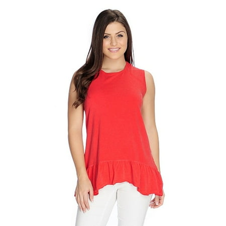 - OSO Casuals Women's Knit Raw Edge Seamed Ruffled Hem Tank Top in Red - M
