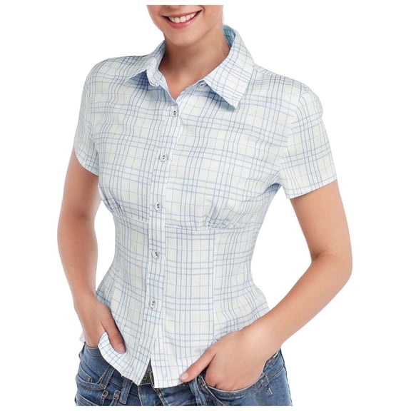 YDFCWXW Womens Button Down Shirts Short Cap Sleeve V Neck Collared Plaid Waisted Blouses Casual Tops Blue, L