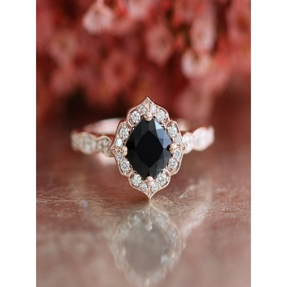 Limited Time Sale 1.25 carat Black Diamond Halo Engagement Ring Wedding Ring in 10k Rose Gold for Women on Affordable price