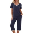 thumbnail image 3 of Women's Two Piece Pajama Sets, Lightweight Breathable Relaxed Cut, V-Neck Short Sleeve Top Matches Capri Length Pants, Comfortable Pajama Party Lounge | TruHer,Dark Blue M, 3 of 7
