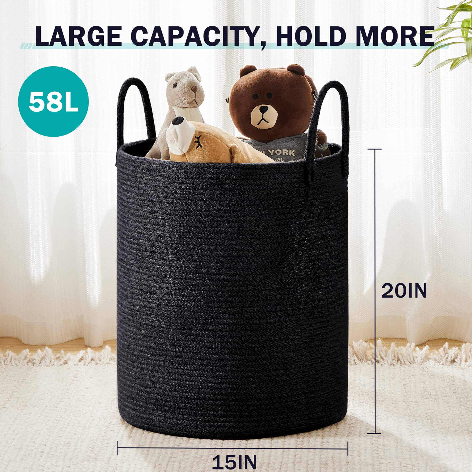 Jute Rope Laundry Hamper Basket , 58L Tall Laundry Basket, Baby Nursery Hamper for Blanket Storage for Bedroom-Large-Jute