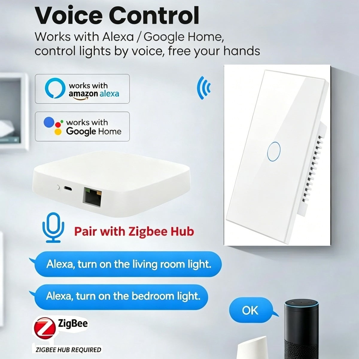 Melery Tuya Zigbee Smart Light Switch Neutral Wire Optional Touch Sensor Tempered Glass Panel Remote Control Works with Smart Home Assistants