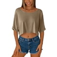 thumbnail image 5 of AKOEE Crop Tops for Women Loose Casual Off Shoulder Wide Boatneck Short Sleeve Summer Cute Tee Shirts (L, Khaki), 5 of 6