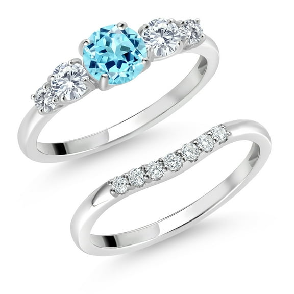 Gem Stone King 10K White Gold Blue Apatite and White Lab Grown Diamond 5 Stone Bridal Engagement Wedding Ring Set for Women (0.80 Cttw, Round: 5MM and 3MM, Size 8)