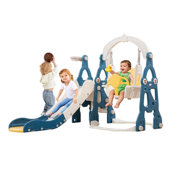 Kinsuite Kids Slide and Swing Set - 2 - in - 1 Indoor Outdoor Playset for Toddlers 1 - 5 Years, Basketball Hoop & Non - Slip Design, Blue