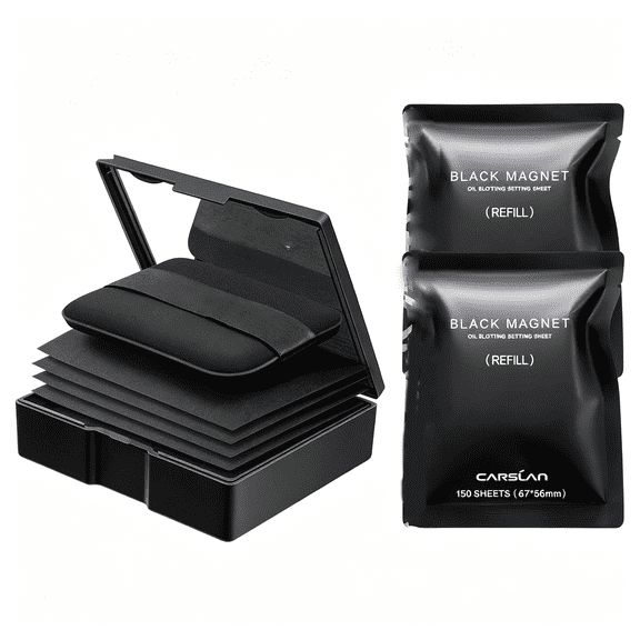 RAGUPEL Makeup Blotting Paper with Powder, Black Blotting Sheet for Oily & Combination Skin, Portable Compact with Puff & Mirror, Keeps Makeup Fresh All Day, 450 Sheets 8 Refill Adhesive Pads