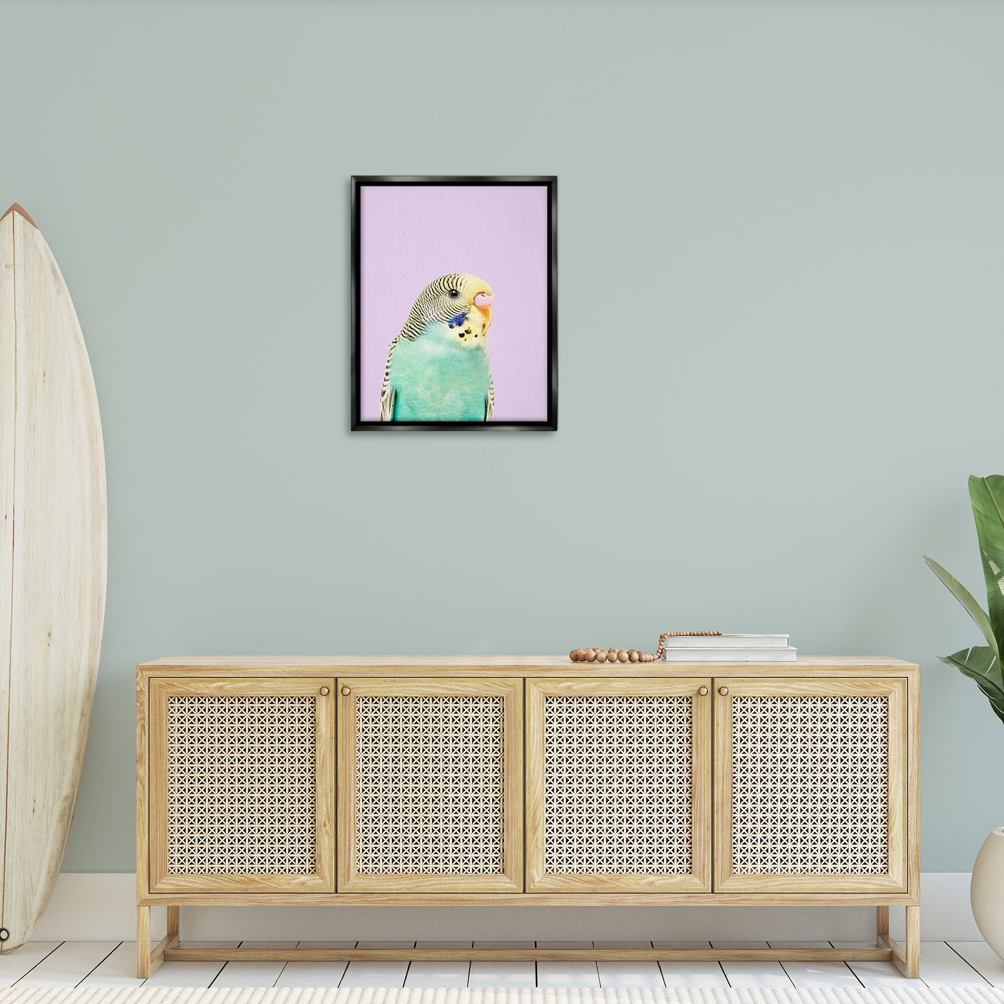 Stupell Industries Pastel Budgie Bird Animals Painting Black Floater Framed Canvas Art Print Wall Art, 25 x 31