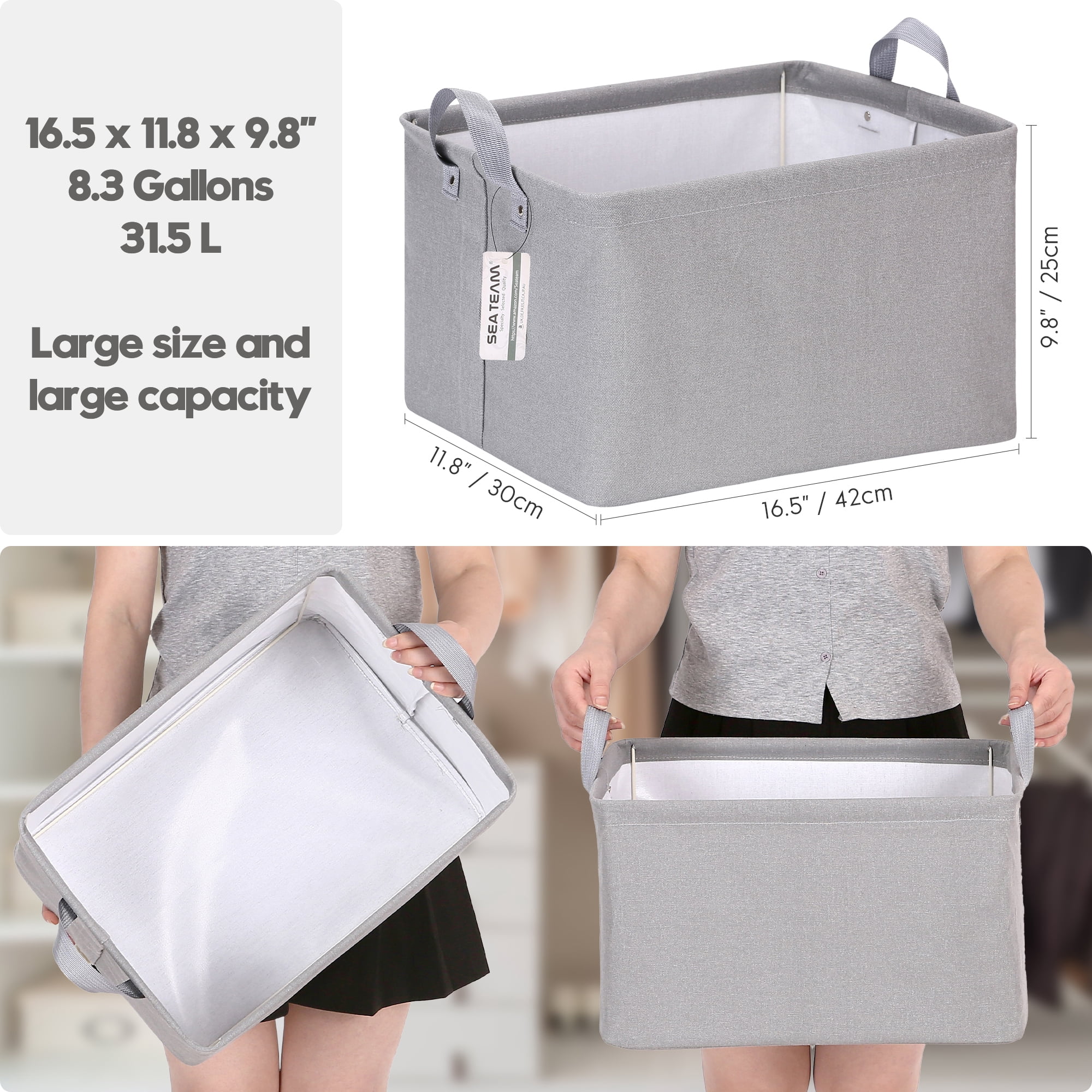 Sea Team 2-Pack Large Canvas Storage Bins for Shelves with Metal Frame, Rectangle Storage Baskets, Closet Organizers, Foldable Laundry Hampers, Containers for Clothing, Blankets, Toys, Grey