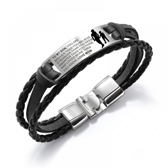 To My Son Bracelet from Mom Dad, Leather Bangle Cuff Wristband Stainless Steel Engraved Bracelets with Magnetic Clasp