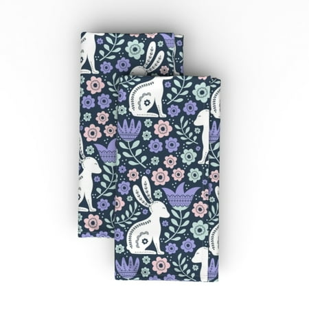 

Linen Cotton Canvas Dinner Napkins (Set of 2) - Easter Folk Bunny Rabbits Spring Scandi Floral Print Cloth Dinner Napkins by Spoonflower