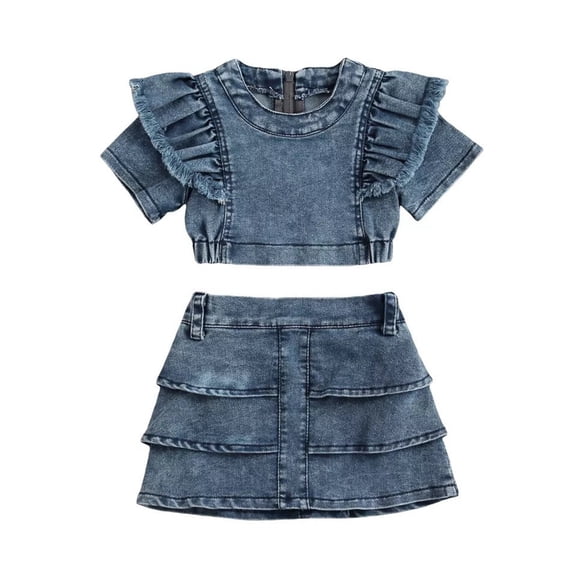 Rggeeun Toddler Girls Outfit Sets 2 Piece Solid Color Ruffled Short Sleeve Crew Neck Top & Denim Elastic High Waist Shorts & Layered Ruffle Trim Slim Fit For Everyday Use Casual Suit,Blue,5-6 Years