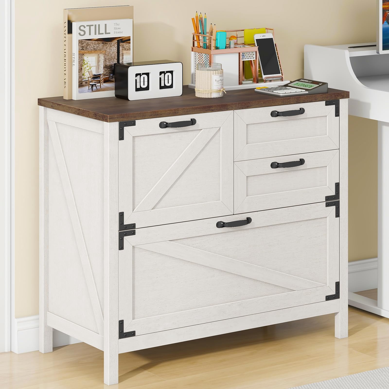 Vabches Large Lateral File Cabinet with 4 Drawers for Home Office, Wood Rustic Filing Cabinet Suitable for Letter/Legal/A4 Size Files, Printer Stand, White