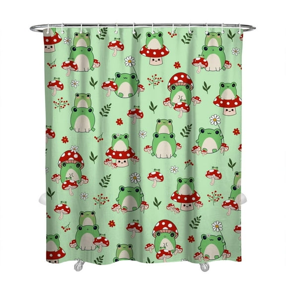 Green Frog Bathroom Curtain, Cute Cartoon Frog & Plant Design, Quick-Dry Waterproof Shower Drape 72x84 Inch, Includes 12 Hooks for Standard Bathtubs