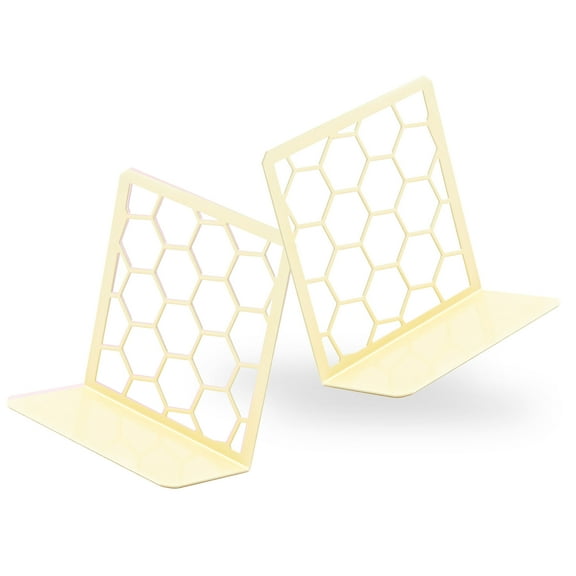 Premium Geometric Yellow Honeycomb Bookends for Shelves, Metal Book Ends for Office, L-Shaped Book Stopper, Rustproof Bookends Decorative Unique for Home, 6.25 (L) x 6 (W) inches, 1 Pair - Geomod