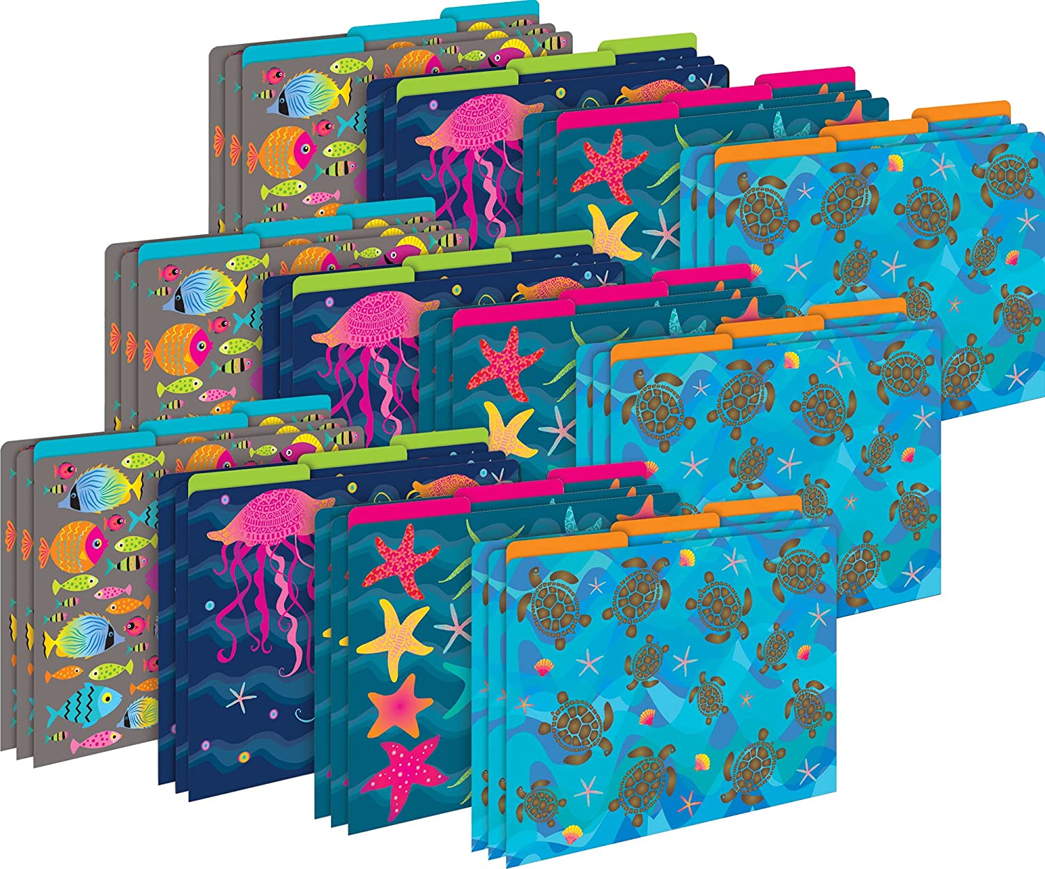 Barker Creek Designer File Folders, Kai Ola Sea Life, Multi-Design Set with Tropical Sealife on Outside, Vibrant Solid Colors on Inside, Letter Size File Folders, 1/3 Cut Tabs, Set of 36 (4311)