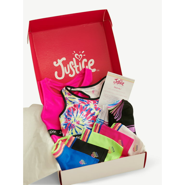 Justice Girls Gift Box - Including 2 Pack Sport Bra, 5 Pack Boy Short  Underwear, and 6 Pack No Show Sock, Sizes XS-XL 