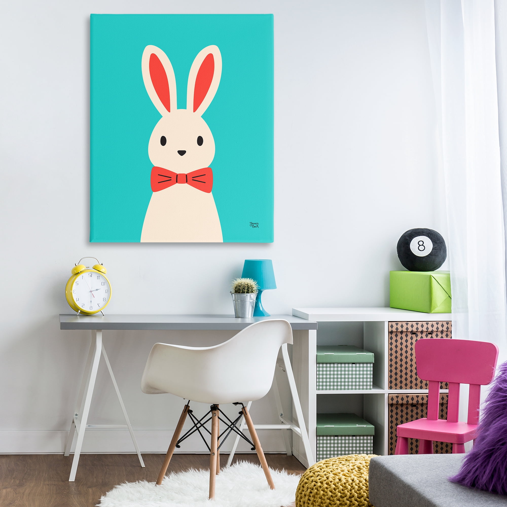 Stupell Industries Rabbit & Bowtie on Turquoise Animals Painting Wrapped Canvas Art Print Wall Art, 36 x 48