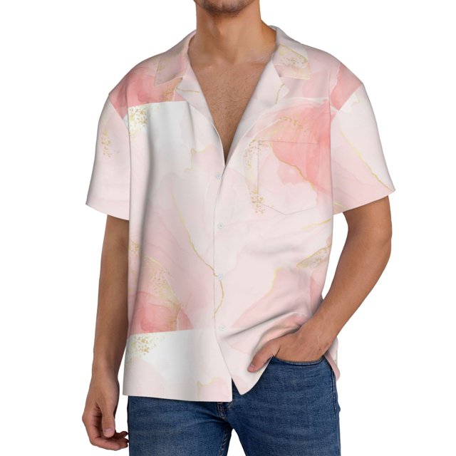 Fotbe Pink Marble Camisa Estampada de Manga Corta para Hombre, Casual de Verano, Estilo Playero, Sin Arrugas-Small
