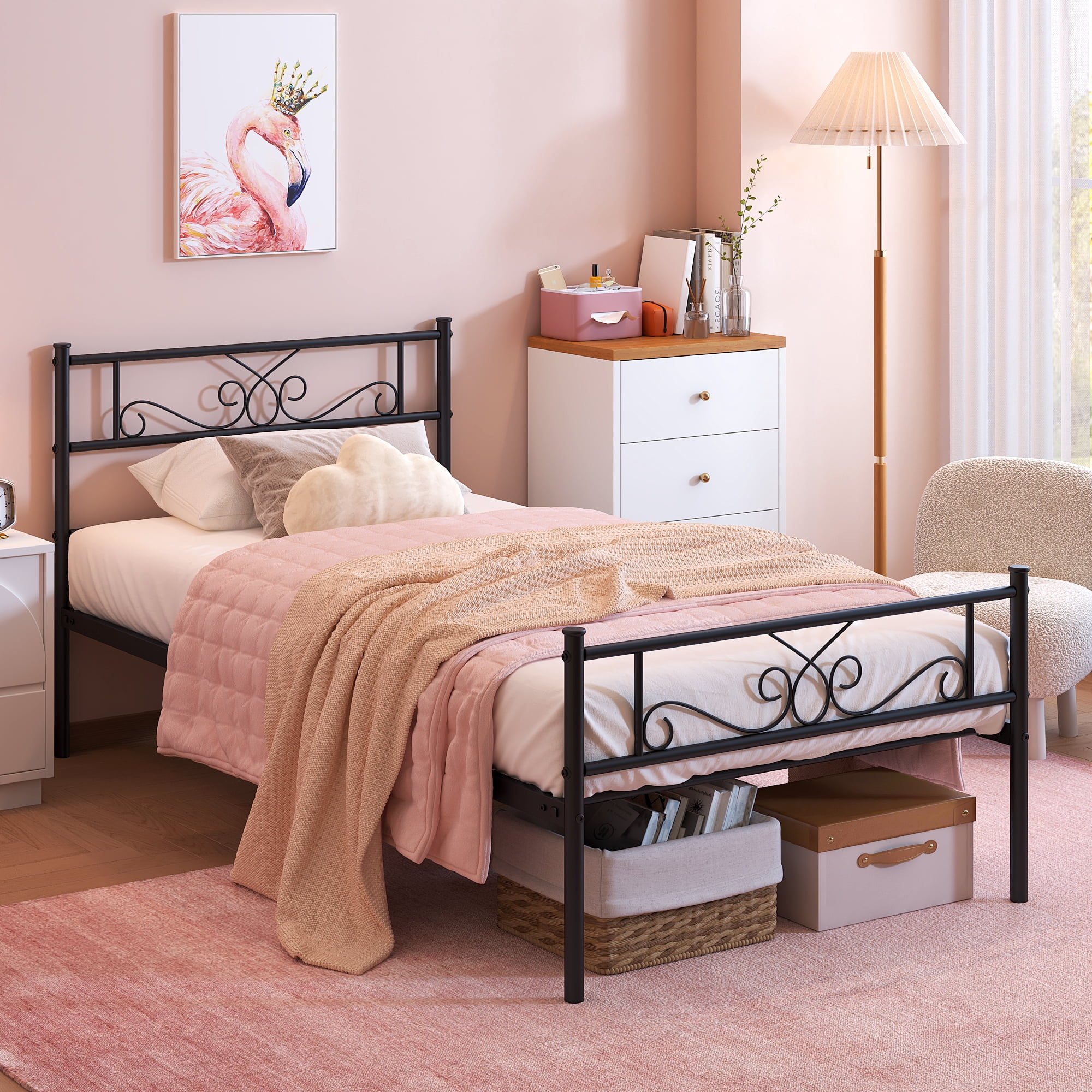 Yoneston Twin Size Metal Platform Bed Frame with Headboard for Kids and Teens, Black