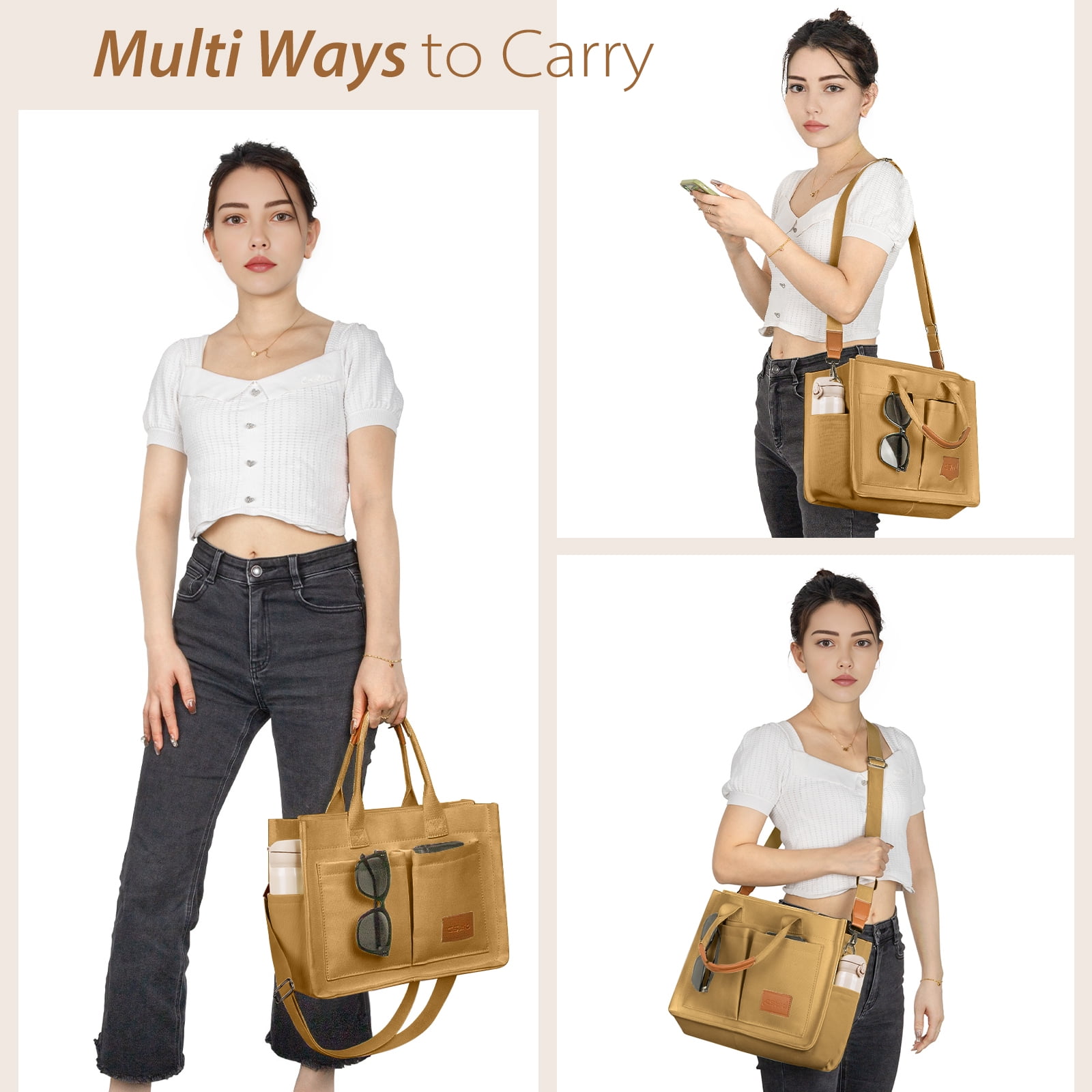 Cshidworld Canvas Tote Bag for Women With Side Pockets, Laptop Work Crossbody Everyday Satchel, Purses Shoulder Tote Bag Everyday Satchel Handbags Messenger for Travel Nurse College Gift, Brown