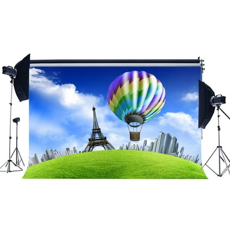 Image of ABPHOTO Polyester 7x5ft Eiffel Tower Backdrop Hot Air Balloon Skyscraper Blue Sky White Cloud Green Grass Meadow Spring Photography Background for Lover Baby Journey Portraits Photo Studio Props